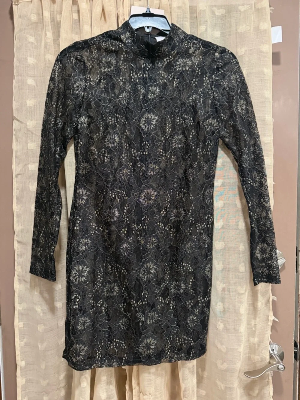 NWT Charles Henry Black Lace Long-Sleeve Mini Dress with Gold Accents small - Picture 2 of 7